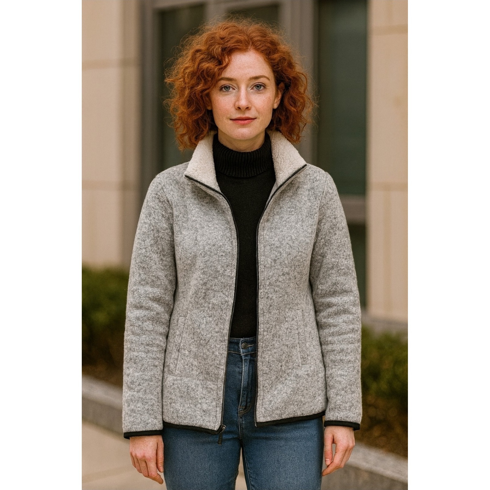 Ookie & Lala Faux Shearling Lined Sweater Jacket Women's M Heather Grey Euc